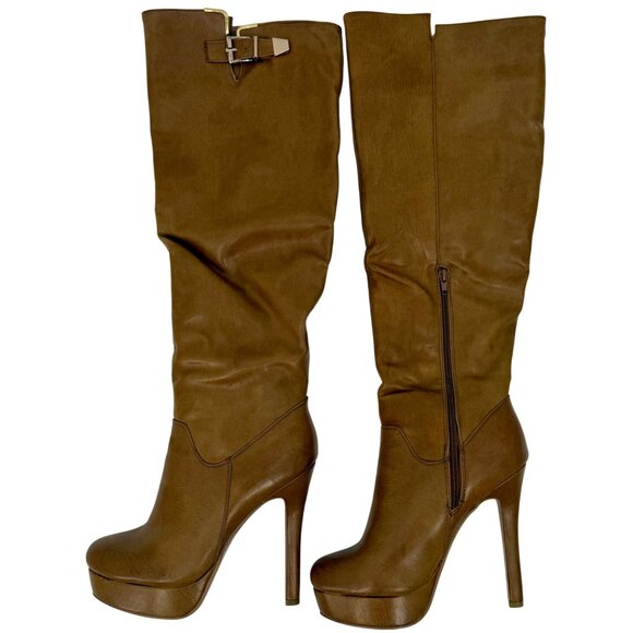 Vintage Y2K Paperfox Vegan Leather Gold Buckle Knee High Platform Heeled Boots - Picture 4 of 16